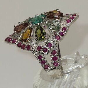.925 Sterling Silver Natural Emerald/Ruby/Tourmaline Pear/Oval Ring Size 9. $655